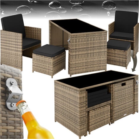 Salon de jardin en résine tressée pour 2 à 4 personnes avec Plateau en verre de sécurité Ouvre-bouteilles inclus, pliable