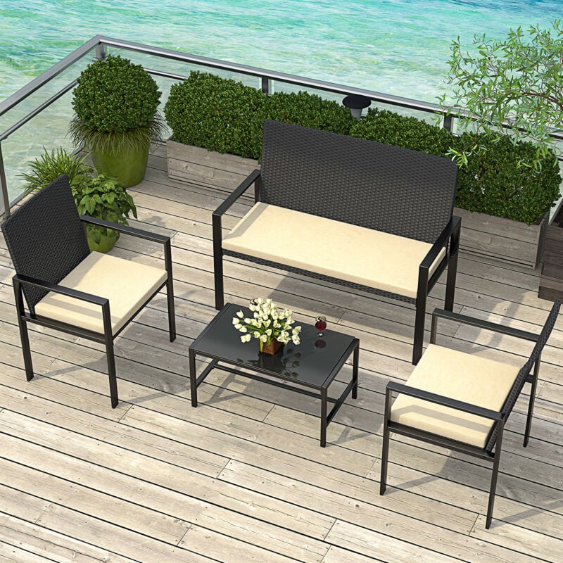 Wowttrelax - Salon de Jardin en Résine Tressée pour 4 Personnes, Mobilier d'Extérieur avec 2 Chaises, 1 Canapé et 1 Table Basse, Meubles de Terrasse
