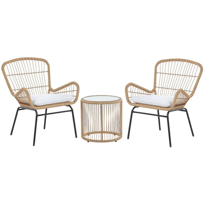 Petit Salon de Jardin 2 Personnes en Rotin avec Coussins Gris Clair Résistant aux Rayons uv pour Terrasse ou Balcon Scandinave et Boho Beliani