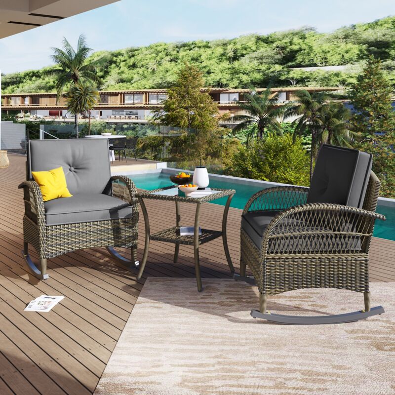 Salon de jardin en rotin 3 pièces, mobilier de jardin avec 2 fauteuils et 1 table basse, coussins gris, Ensemble table et chaise de jardin - Gris