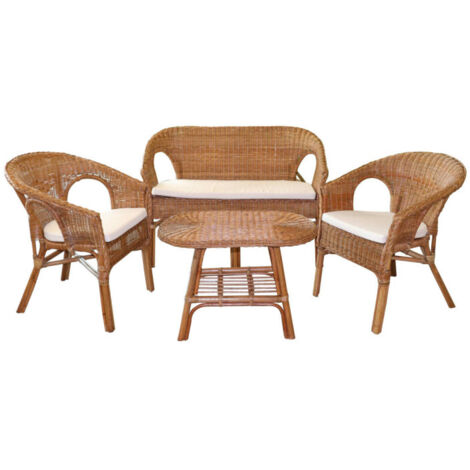Salon de jardin en rotin 4 places – Coussins beige – Table L 67 x P 46 x H 50 cm – Canapé L 104 x P 60 x H 78 cm – Fauteuils L 59 x P 60 x H 78 cm – Sunnydays