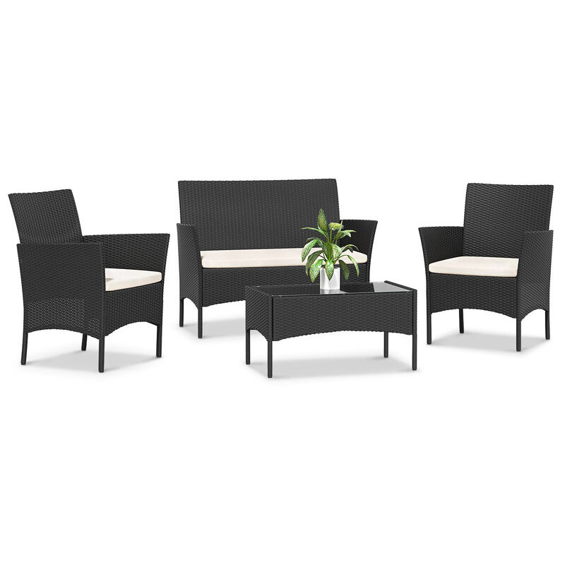 Salon de jardin en rotin 4 places pour Terrasse, Jardin, Balcon, Noir Wowttrelax