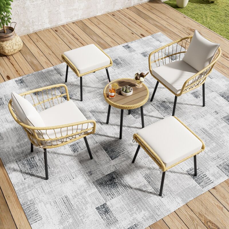 Salon de jardin en rotin 5 pièces, mobilier de jardin avec 2 fauteuils et 2 chaises, coussins, Ensemble table et chaise de jardin - Naturel