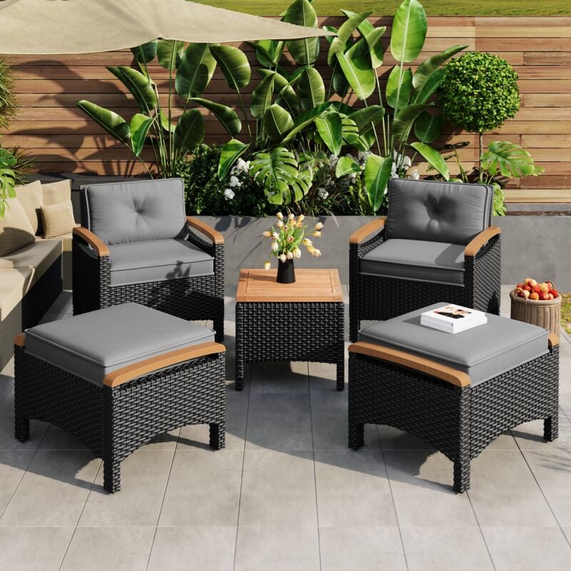 Salon de jardin en rotin 5 pièces, résine tressée, 2 fauteuils et 1 table basse, plateau en acacia avec coussins gris, style contemporain - Gris