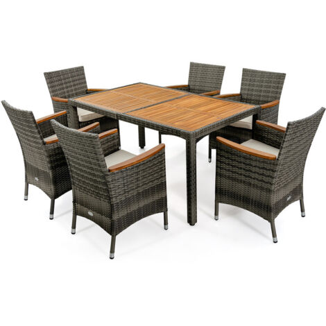 Salon de jardin en rotin 7 pièces – Table en acacia, ensemble repas de patio avec chaises empilables, coussins amovibles, capacité 180 kg par chaise, gris