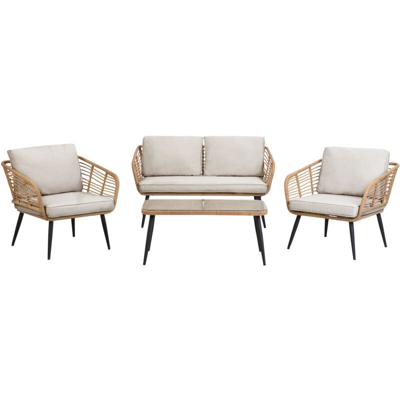 Salon de Jardin composé d'une Banquette et de 2 Fauteuils avec Coussins d'Assise Beige et une Table Basse en Rotin Clair, Acier Noir et Verre Beliani