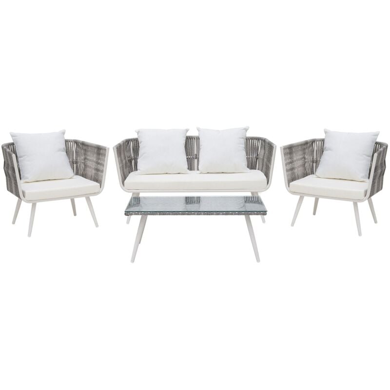 Salon Set de Terrasse Canapé et 2 Fauteuils en Rotin Beige avec Coussins d'Assise Blancs Matières Durables et Design Moderne Tendance Beliani