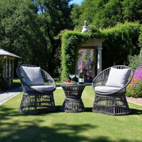 Salon de jardin en rotin synthétique gris (2 fauteuils et 1 petite table ronde) MENDOZA