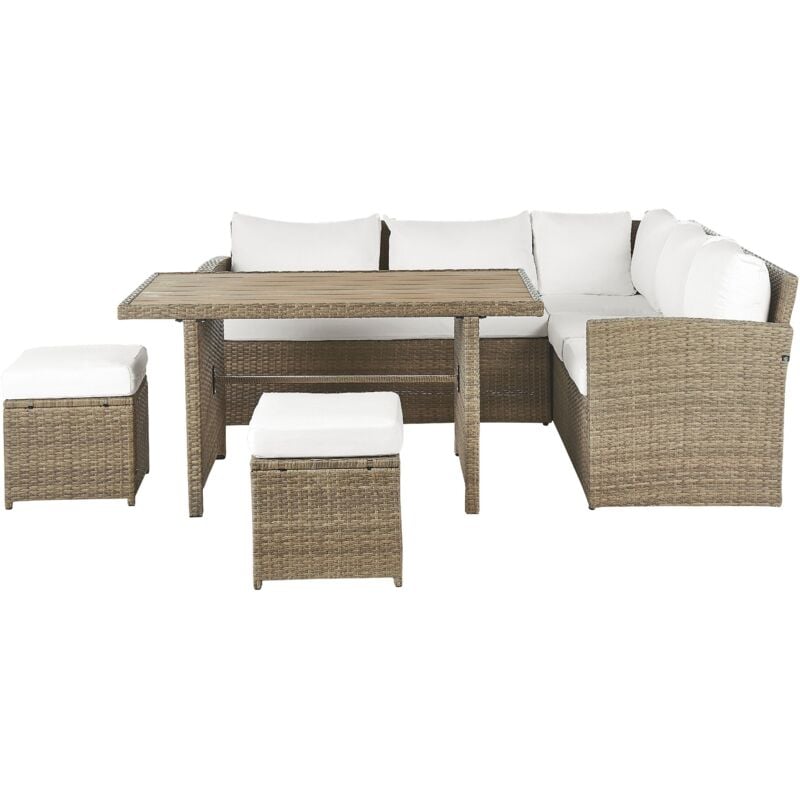 Canapé Jardin Rotin 5 Places avec Table 2 Ottomans Marron Coussins Blancs Bardi