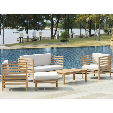 Salon de jardin en teck : 1 canapé 2 places + 2 fauteuils + 1 pouf + 1 table basse - Naturel clair - LINERI - Naturel clair