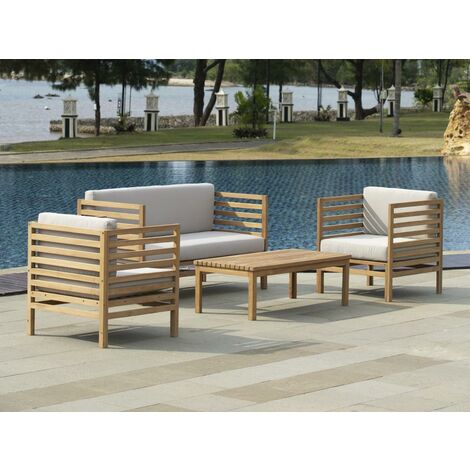 Salon de jardin en teck : 1 canapé 2 places + 2 fauteuils + 1 table basse - Naturel clair - LINERI - Naturel clair