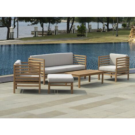 Salon de jardin en teck : 1 canapé 3 places + 2 fauteuils + 1 pouf + 1 table basse - Naturel clair - LINERI - Naturel clair