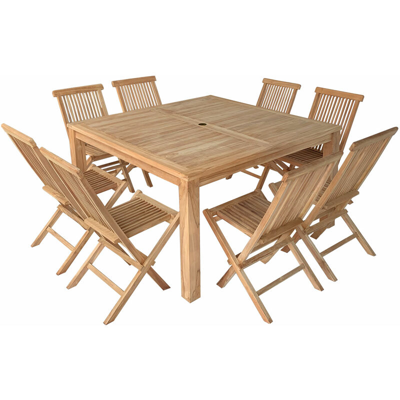 HAPPY GARDEN - Salon de jardin en teck JAVA - table carrée et chaises pliantes - 8 places
