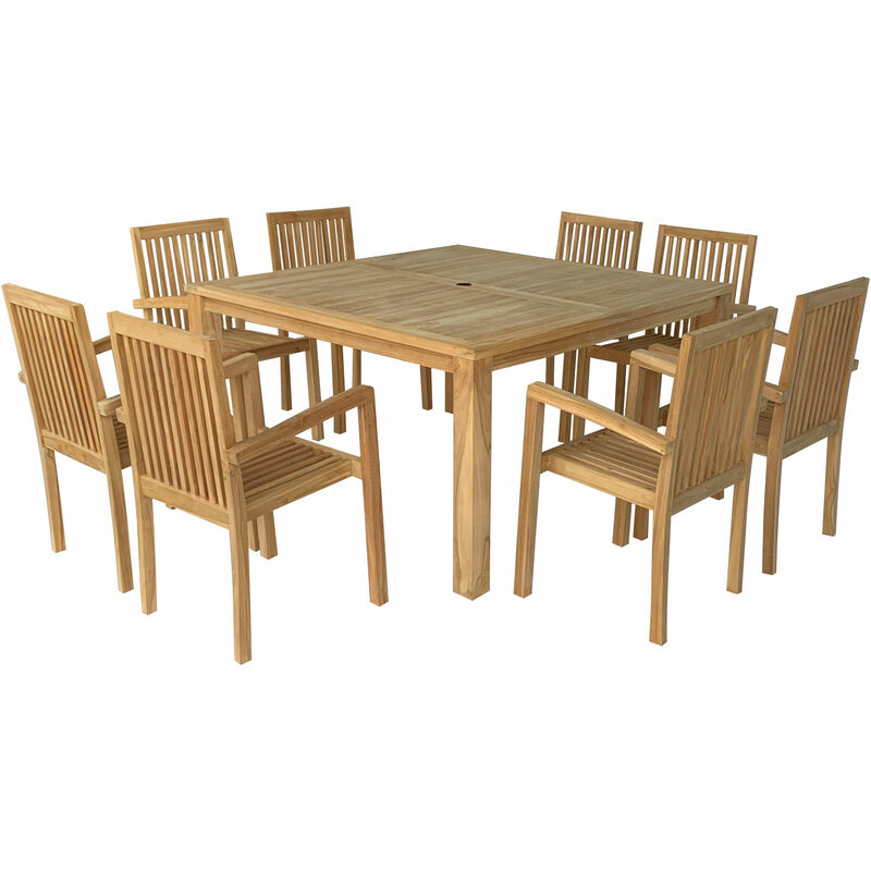 HAPPY GARDEN - Salon de jardin en teck JAVA - table carrée - 8 places