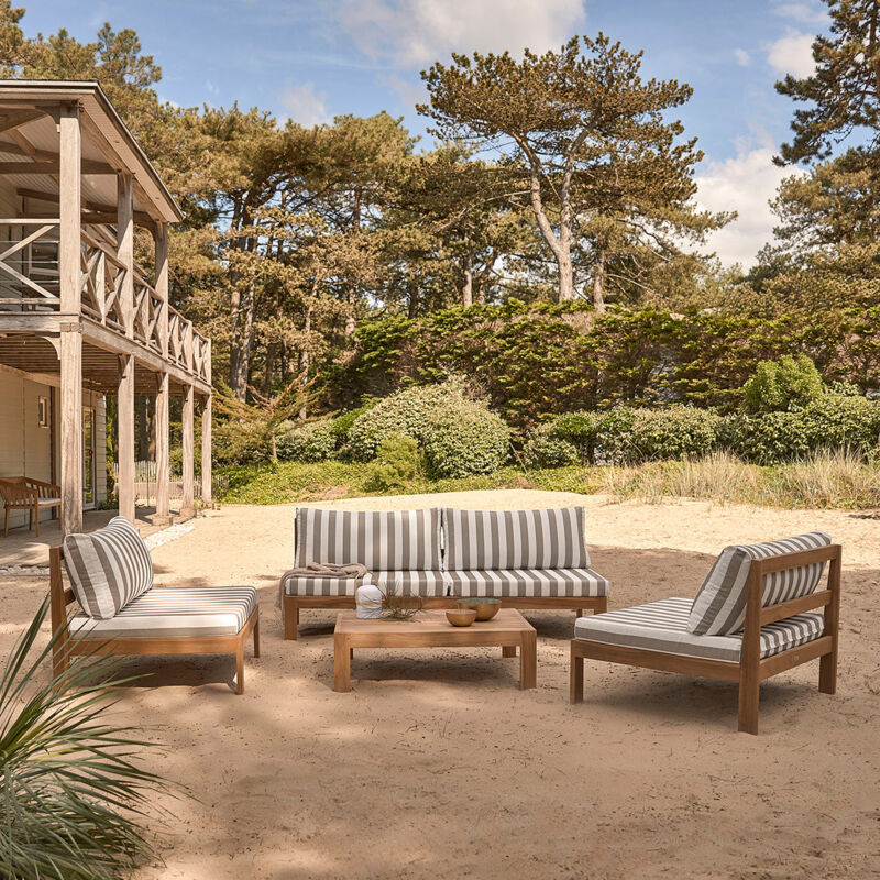 Salon de jardin en teck massif rayé blanc et taupe