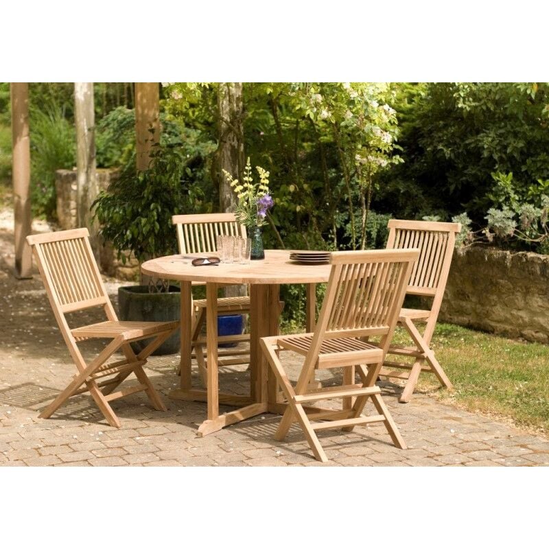 Harris - salon de jardin en bois teck 4/6 pers : Ensemble de jardin - 1 Table ronde à rabats papillon diam 120 cm et 4 chaises