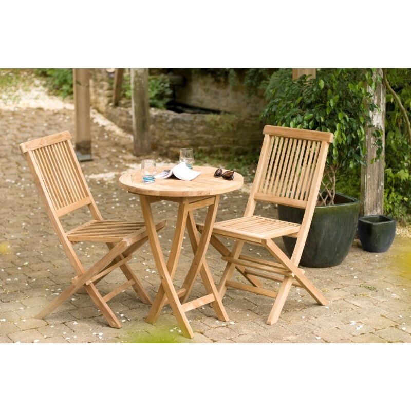 Harris - salon de jardin en bois teck 2 personnes : Ensemble de jardin - 1 Table ronde pliante 60 cm et 2 chaises