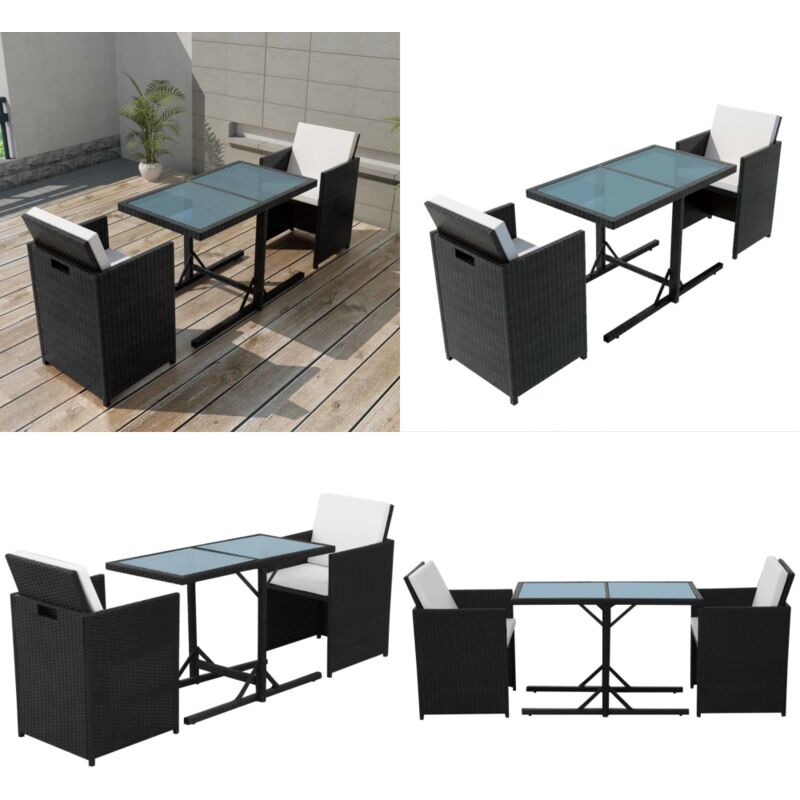 Ensemble de bistro 3 pcs avec coussins résine tressée noir - Meubles De Jardin - Salon De Jardin - Set De Jardin - Table Et Chaises - Mobilier