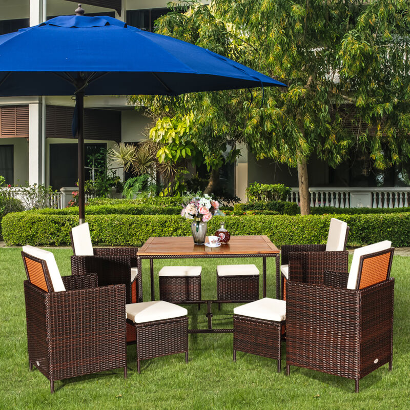 Salon de Jardin Encastrable 9 pcs Rotin pe Coussins Jardin Terrasse Piscine Blanc CW28003