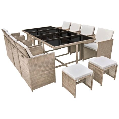 Salon de jardin encastrable avec coussins 13 pcs Rotin Beige