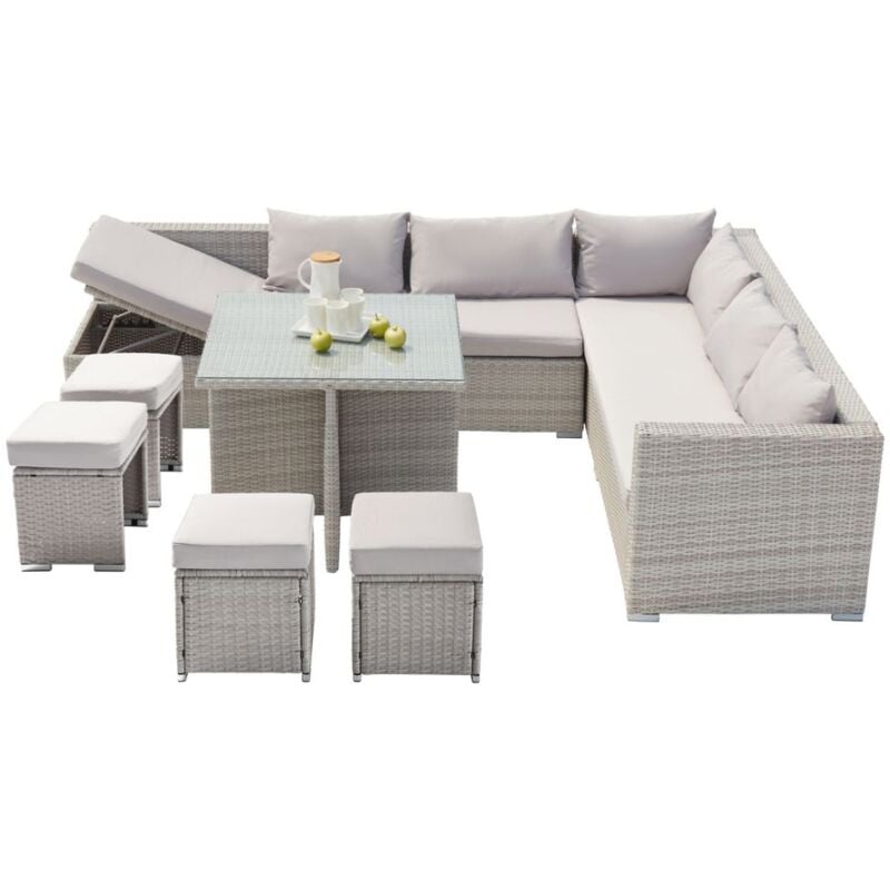 Concept-usine - samoa - Salon de jardin encastrable gris en résine tressée 10 places