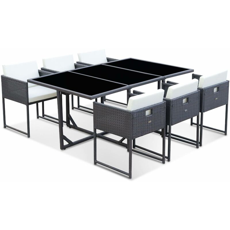 Table de jardin en résine 6 places – FIRENZE 6 – coloris marron. coussins blancs. table encastrable