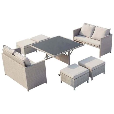 Salón de jardín encastrable resina trenzada 8 plazas gris/blanco NOUMÉA