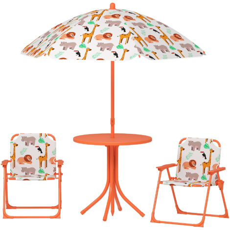 Salon de jardin enfant, table enfant avec 2 chaises pliantes et parasol Ø 100 cm, motif animal, orange