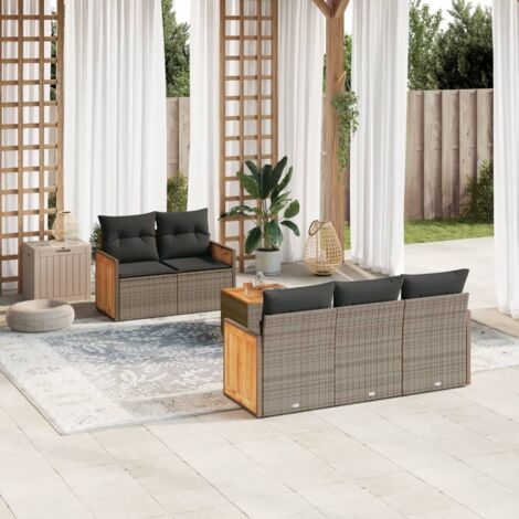 [Salon de jardin] + [Ensemble] + [5 pièces noir résine tressée avec coussins crème et table acacia] + [Modulable]