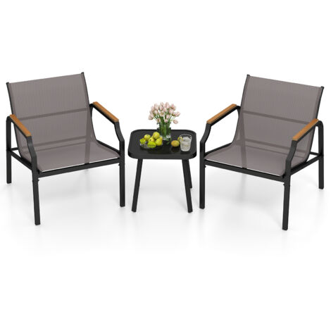Salon de Jardin, Ensemble de 2 Chaises et Table avec Cadre Métallique, Siège en Tissu Respirant et Accoudoirs en Bois-Plastique
