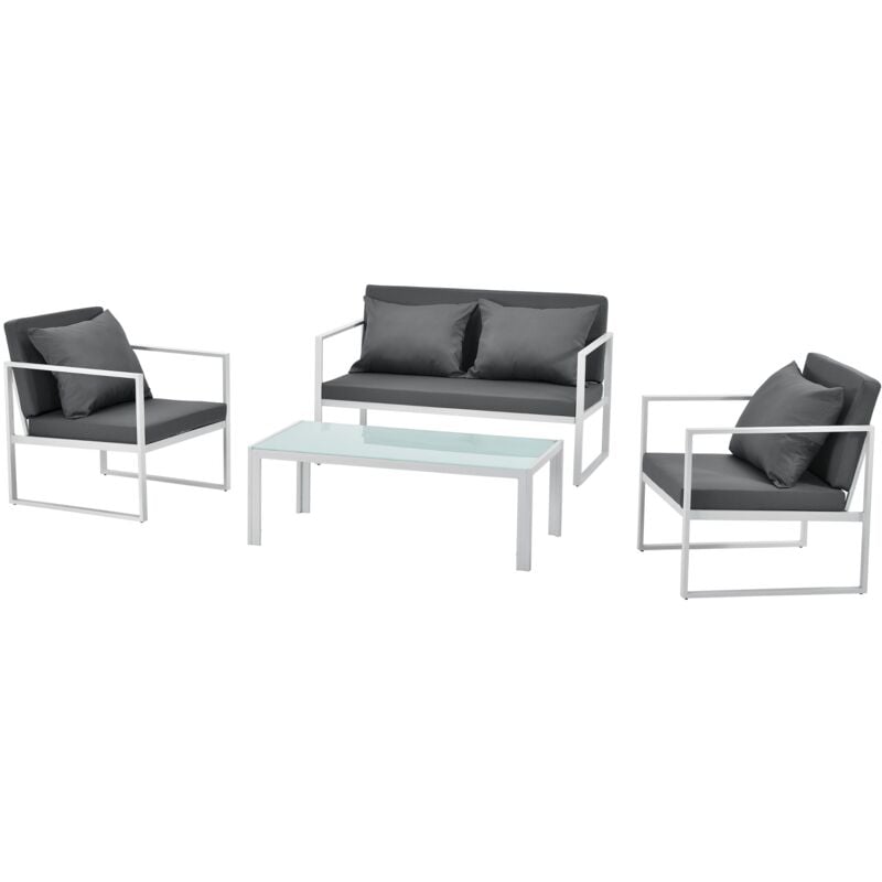 Helloshop26 - Salon de jardin ensemble de jardin table basse avec canapé et chaises extérieures métal verre polyester blanc - Blanc