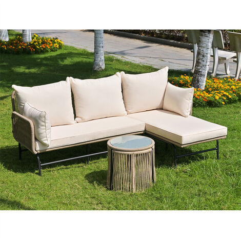 Salon de Jardin Ensemble de Meubles de Jardin en Corde Tissée pour l'Extérieur, Ensemble de Canapés en Forme de L avec Table，Beige