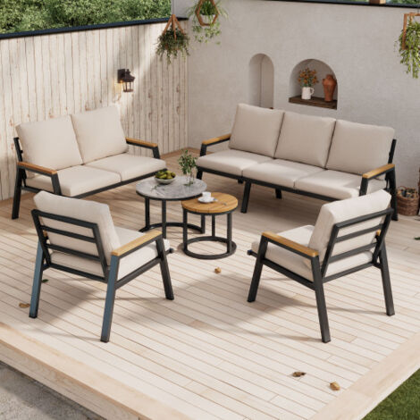 Salon de jardin, ensemble de mobilier d'extérieur avec coussins confortables, comprenant un canapé 3 places, un canapé 2 places, 2 fauteuils et 2 tables basses  plateaux en verre laqué effet marbre et