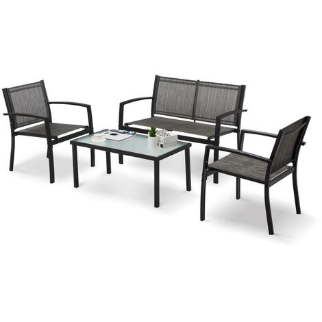 Salon de jardin ensemble de salon de jardin extérieur meuble de jardin 4 pièces en rotin 3 chaises et 1 table en verre trempé pour jardin balcon gris Mondeer