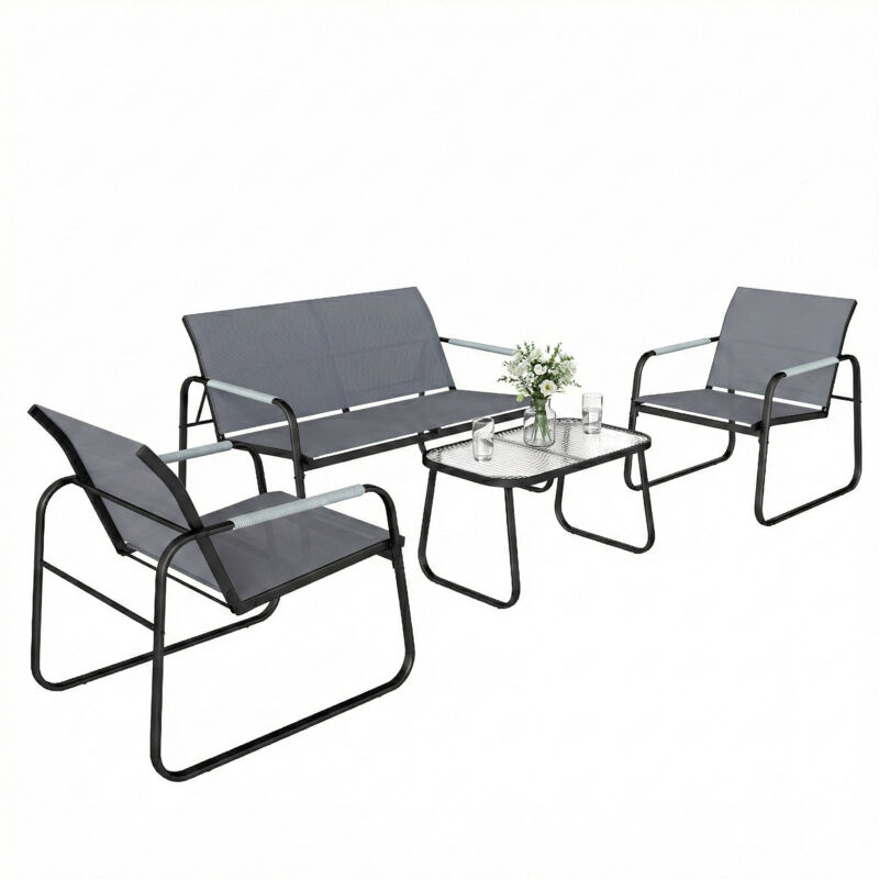 Salon de jardin - ensemble de terrasse - Outsunny - 4 pièces accoudoirs corde tressée - acier et textilène - 111x71x75cm - gris