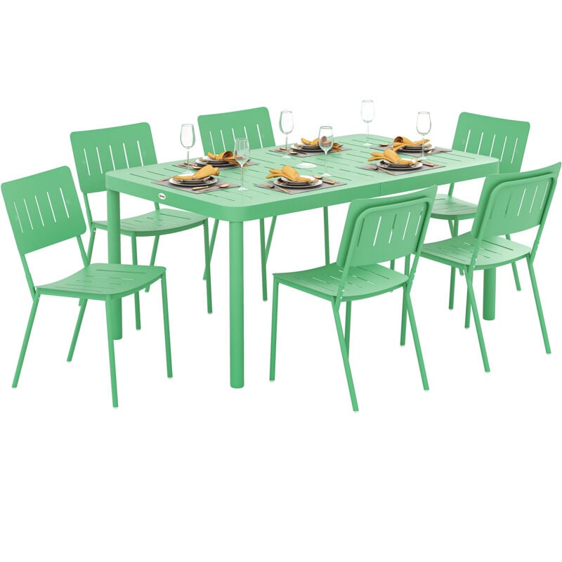 Salon de jardin - ensemble déjeuner 6 places 7 pièces - table et 6 chaises empilables - acier thermolaqué vert