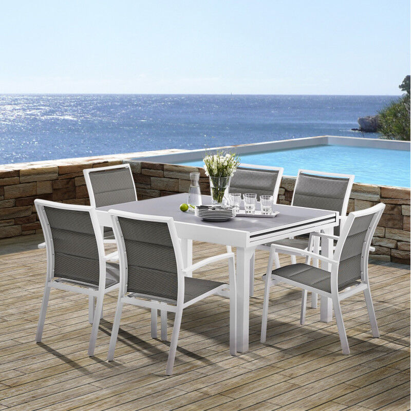Salon de jardin Ensemble Modulo t 6 / 10 + f 6 Full Verre Blanc Wilsa Garden