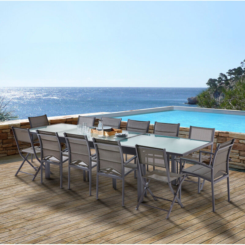 Salon de jardin Ensemble Modulo t 8/12 + f 8 + c 4 Full Verre Gris Anthracite Wilsa Garden