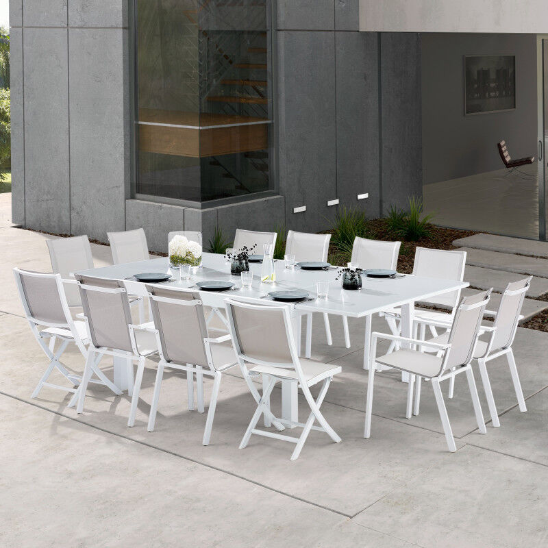 Wilsa Garden - Salon de jardin Ensemble White star t 8/12 + f 8+C 4 col blanc et gris