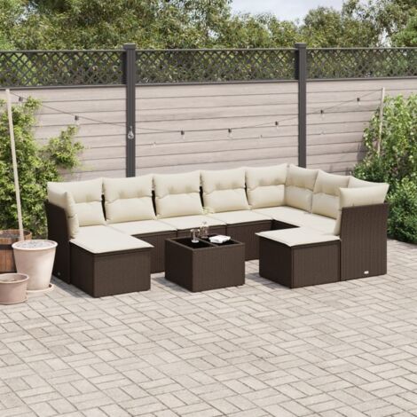 Salon de Jardin Extensible 10 Pièces en Résine Tressée Brun avec Coussins Crème, Verre Trempé