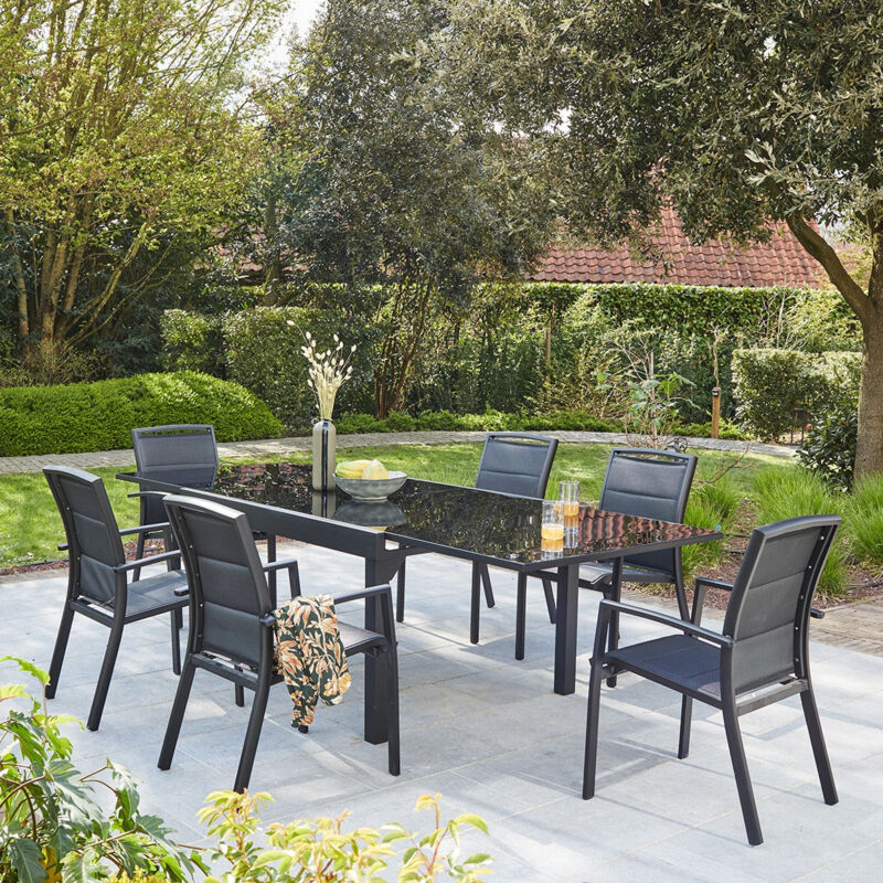 Salon de jardin en aluminium noir extensible 6/10 places