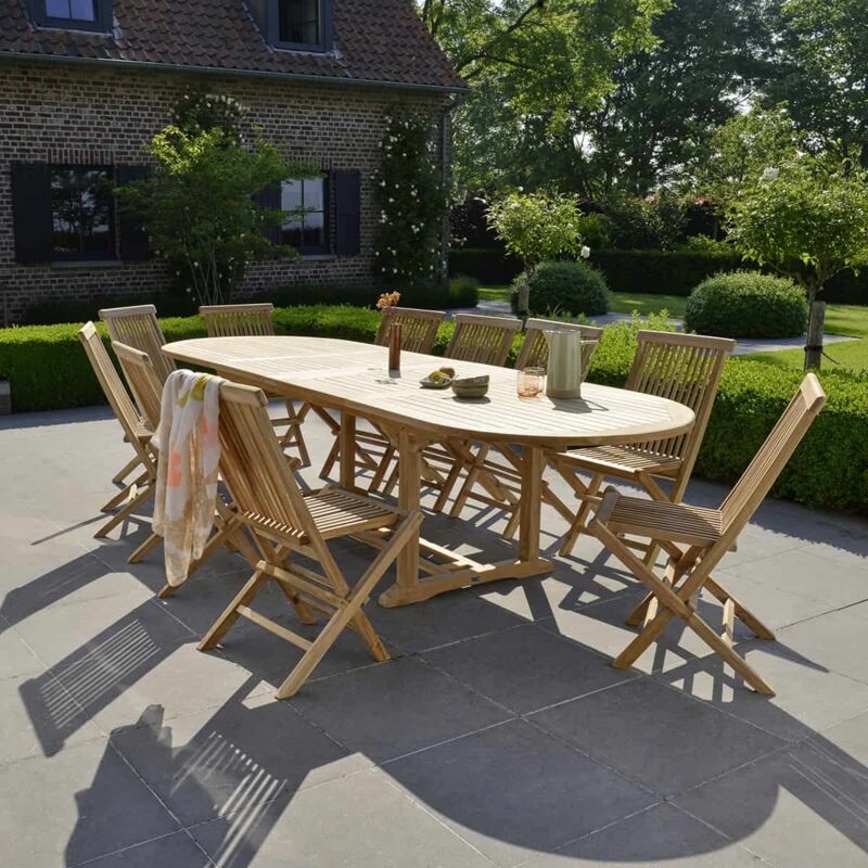 Salon de jardin en teck massif extensible 8/10 places - Marron