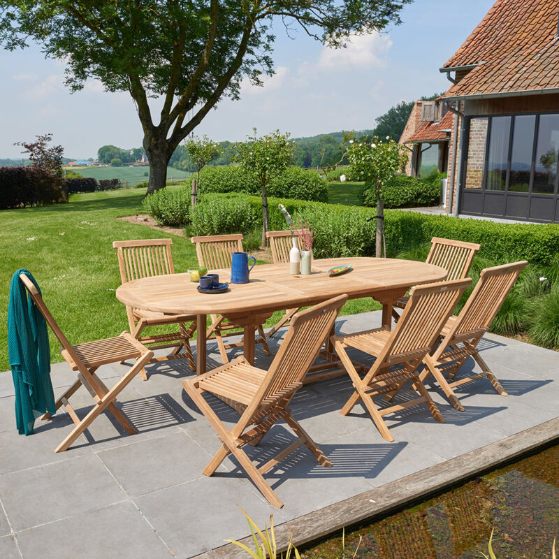 Berah Getah - Salon de jardin en teck massif extensible 8/10 places