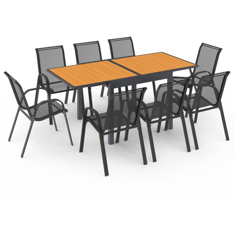 Salon de jardin poly extensible table 90-180 cm et 8 chaises bois et gris anthracite