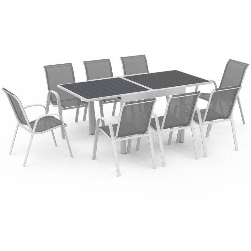 Salon de jardin poly extensible table 90-180 cm et 8 chaises blanc et gris