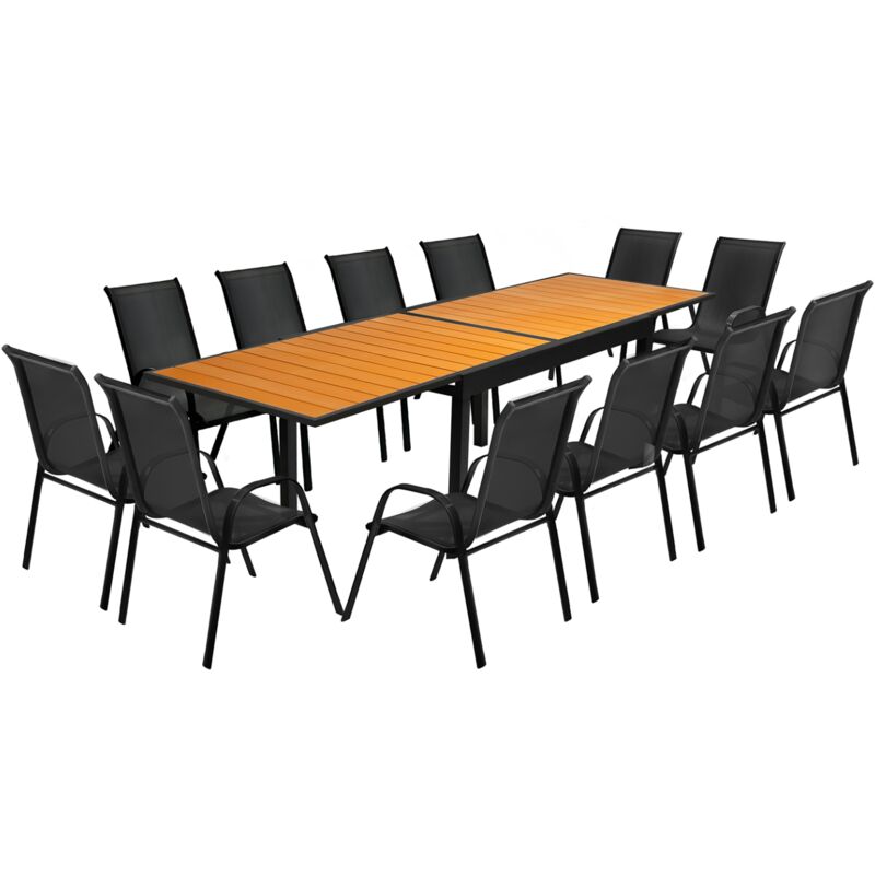 Salon de jardin poly extensible table 135/270 cm et 12 chaises bois et noir