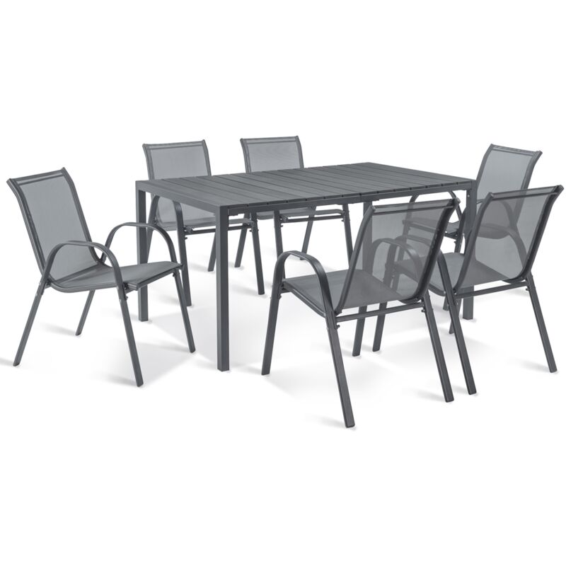 Salon de jardin poly table 150 cm et 6 chaises empilables gris anthracite