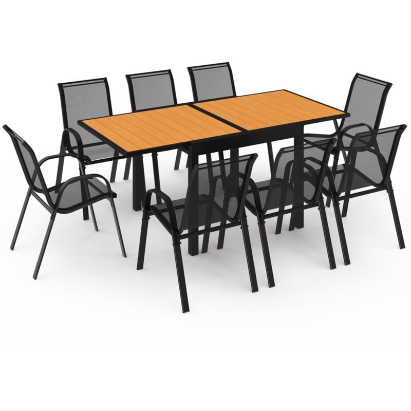 Salon de jardin poly extensible table 90-180 cm et 8 chaises bois et noir