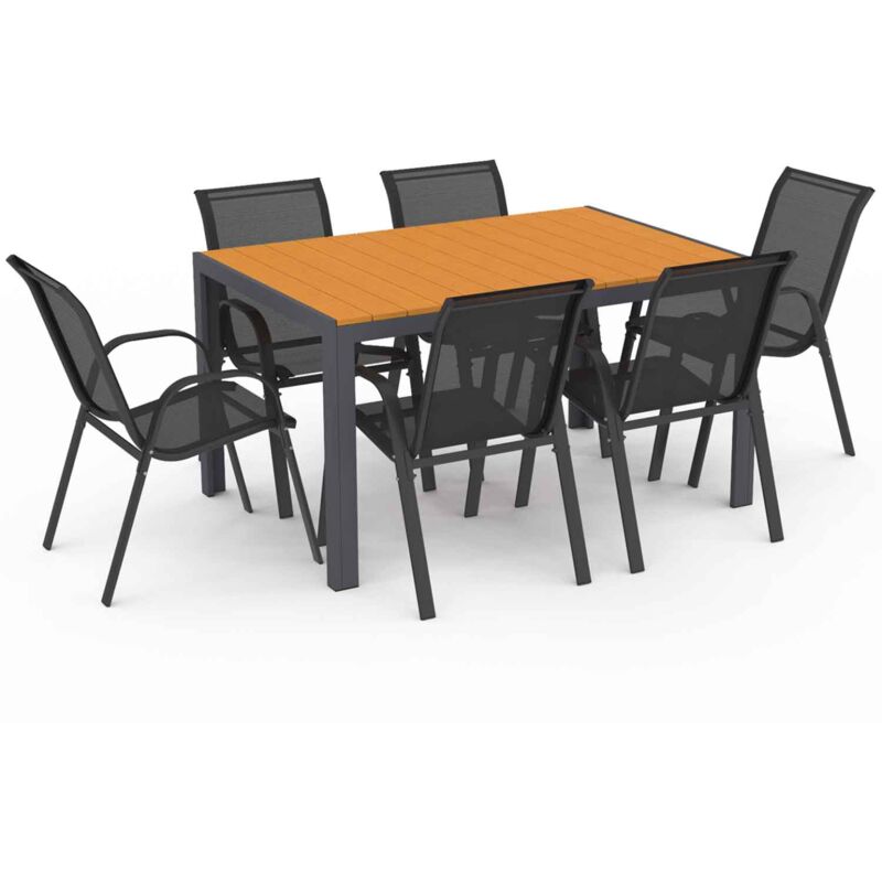 Salon de jardin poly table 150 cm et 6 chaises empilables bois et gris anthracite