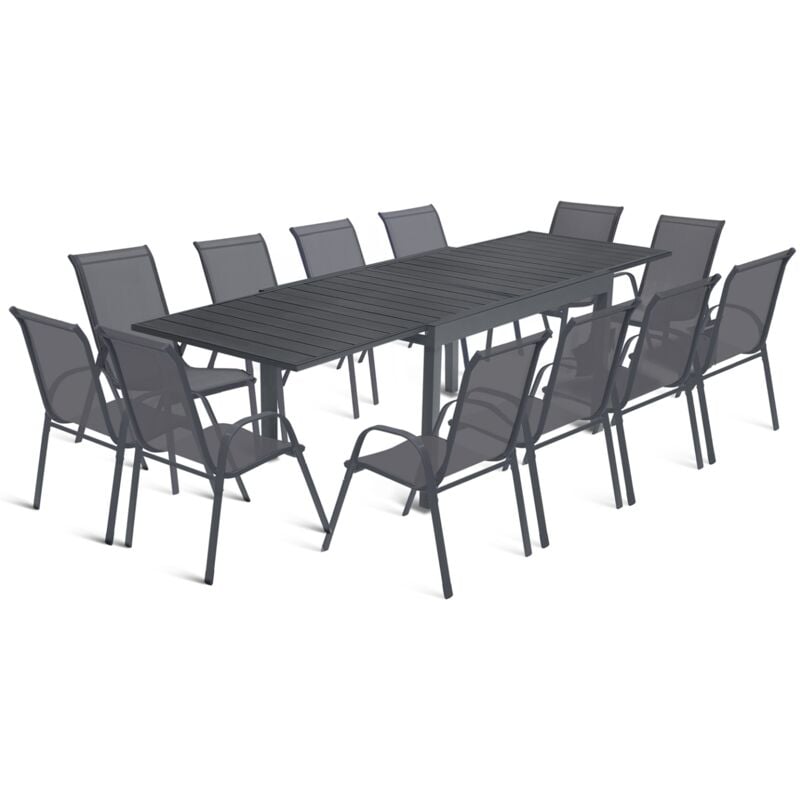 Salon de jardin poly extensible table 135-270 cm et 12 chaises gris foncé
